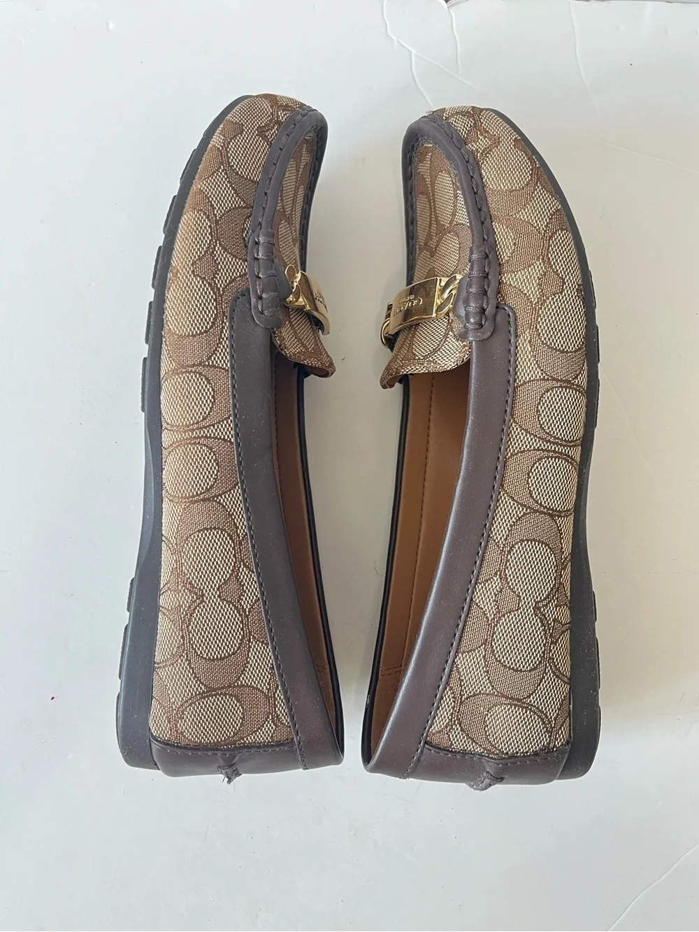 Coach olive Brown Signature logo Gold Hardware Canvas Driving Loafers size 7.5B